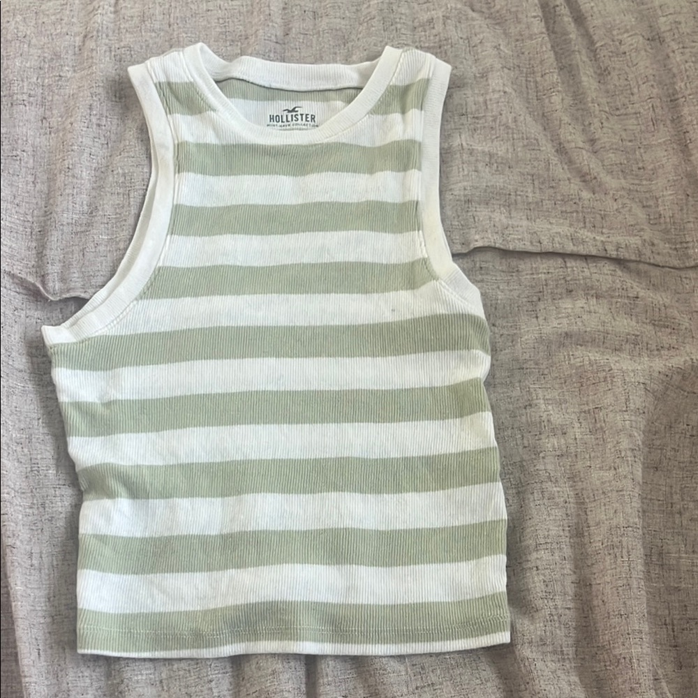 Hollister Green and White Striped Knit Tank Top